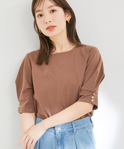 VIS(ビス)の「【接触冷感・洗える】シルケットタックスリーブプルオーバー(Tシャツ/カットソー・レディース・ブラック/ホワイト/ダークブラウン/ラベンダー・FREE)」の3枚目の写真