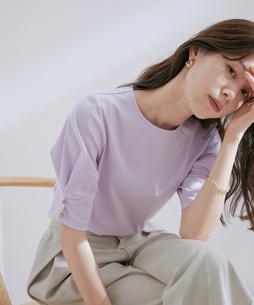 VIS(ビス)の「【接触冷感・洗える】シルケットタックスリーブプルオーバー(Tシャツ/カットソー・レディース・ブラック/ホワイト/ダークブラウン/ラベンダー・FREE)」の6枚目の写真