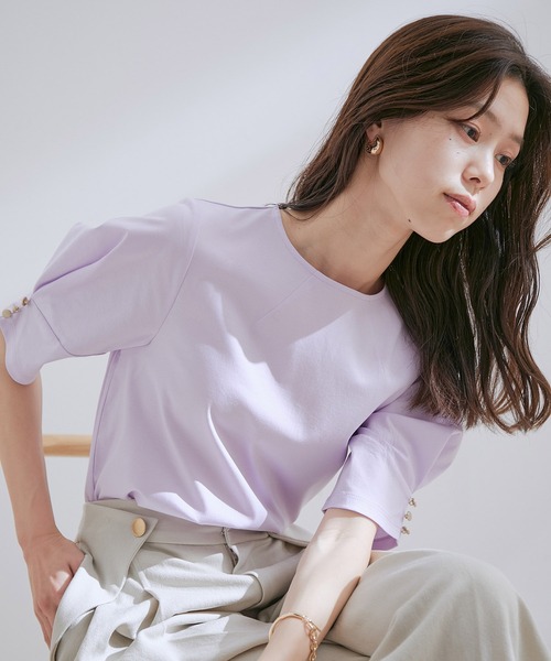 VIS(ビス)の「【接触冷感・洗える】シルケットタックスリーブプルオーバー(Tシャツ/カットソー・レディース・ブラック/ホワイト/ダークブラウン/ラベンダー・FREE)」の8枚目の写真