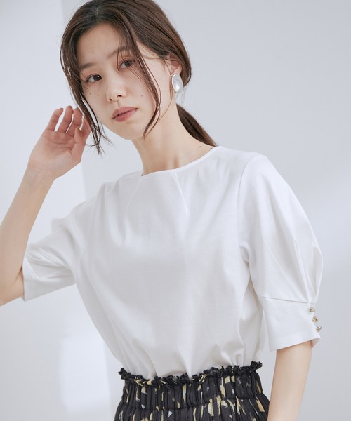 VIS(ビス)の「【接触冷感・洗える】シルケットタックスリーブプルオーバー(Tシャツ/カットソー・レディース・ブラック/ホワイト/ダークブラウン/ラベンダー・FREE)」の9枚目の写真