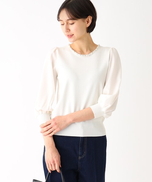 index（インデックス）の「◆ドッキングスリーブ ビジューネックニット（ニット/セーター・レディース・イエロー系その他/ホワイト系/ライトブルー/ライトグレー/ネイビー・36/38/42/40）」の2枚目の写真