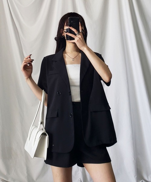 me+em select（ミームセレクト）の「【 セットアップ 】半袖オーバージャケット＆ショートパンツ　SET（セットアップ・レディース・ブラック/ベージュ/ホワイト・FREE）」の16枚目の写真