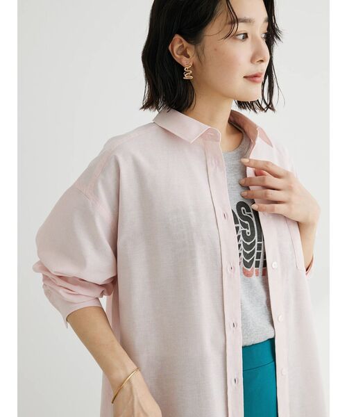 Green　Parks（グリーンパークス）の「麻混オーバーサイズシャツチュニック（チュニック・レディース・グリーン系その他3/ピンク系その他/オフホワイト/サックスブルー・FREE）」の14枚目の写真