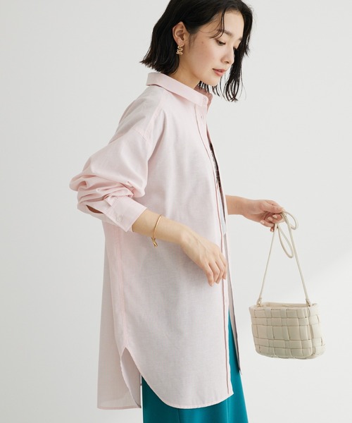 Green　Parks（グリーンパークス）の「麻混オーバーサイズシャツチュニック（チュニック・レディース・グリーン系その他3/ピンク系その他/オフホワイト/サックスブルー・FREE）」の4枚目の写真