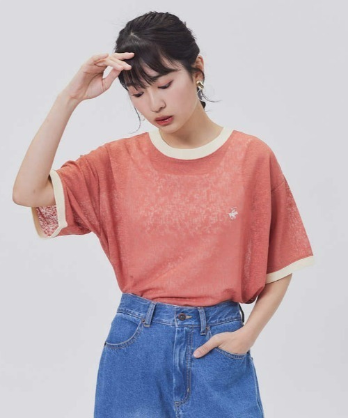 BEVERLY HILLS POLO CLUB(ビバリーヒルズポロクラブ)の「【BEVERLY HILLS POLO CLUB】リンガーシアーニット(Tシャツ/カットソー・レディース・グリーン/オレンジ/ダークグレー・L/M)」の1枚目の写真