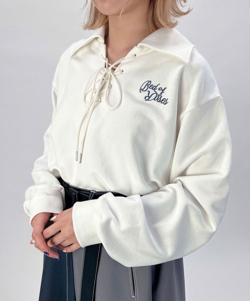 179/WG（イチナナキュウダブルジー）の「レースアップ衿付きスウェット（スウェット・レディース・パープル/オフホワイト/チャコールグレー・FREE）」の2枚目の写真