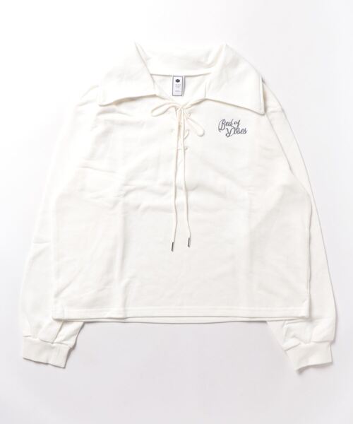 179/WG（イチナナキュウダブルジー）の「レースアップ衿付きスウェット（スウェット・レディース・パープル/オフホワイト/チャコールグレー・FREE）」の4枚目の写真