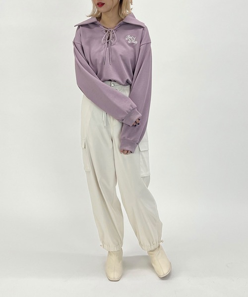 179/WG（イチナナキュウダブルジー）の「レースアップ衿付きスウェット（スウェット・レディース・パープル/オフホワイト/チャコールグレー・FREE）」の19枚目の写真