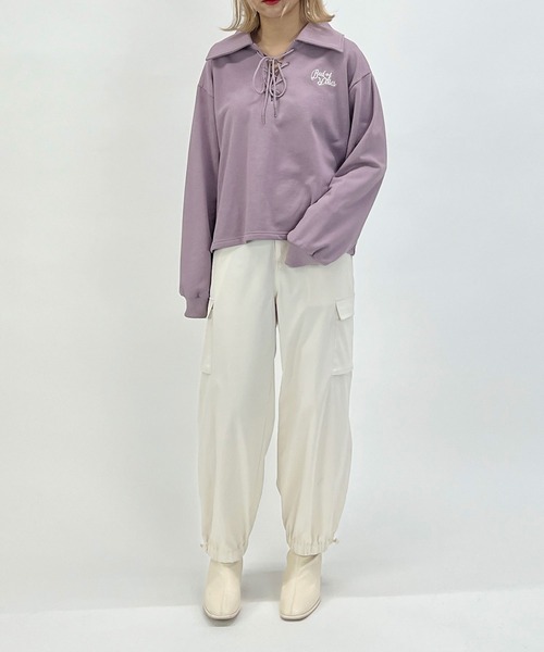 179/WG（イチナナキュウダブルジー）の「レースアップ衿付きスウェット（スウェット・レディース・パープル/オフホワイト/チャコールグレー・FREE）」の20枚目の写真