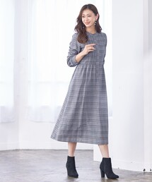 【洗える】バンドカラーチェック柄シャツワンピース