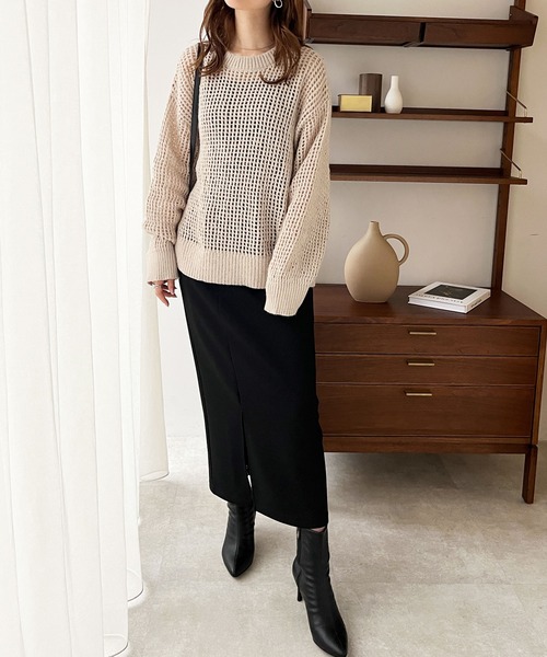 GeeRA(ジーラ)の「モヘアタッチスクエアメッシュニット(ニット/セーター・レディース・ライトベージュ/ブラック・MEDIUM/LARGE)」の12枚目の写真
