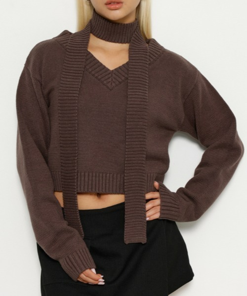 LAGUA GEM(ラグアジェム)の「TIE V NECK ニット(ニット/セーター・レディース・ブラック/ブラウン/ホワイト・FREE)」の1枚目の写真