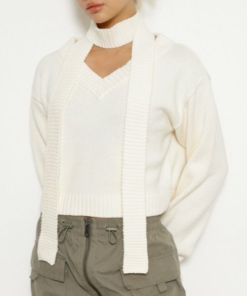 LAGUA GEM(ラグアジェム)の「TIE V NECK ニット(ニット/セーター・レディース・ブラック/ブラウン/ホワイト・FREE)」の2枚目の写真