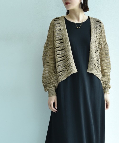 INTERPLANET（インタープラネット）の「ペーパーヤーン透かしボーダートッパー（カーディガン/ボレロ・レディース・ネイビー/ベージュ/グレー・FREE）」の3枚目の写真