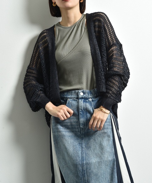 INTERPLANET（インタープラネット）の「ペーパーヤーン透かしボーダートッパー（カーディガン/ボレロ・レディース・ネイビー/ベージュ/グレー・FREE）」の2枚目の写真