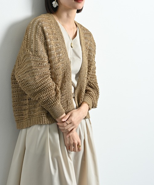 INTERPLANET（インタープラネット）の「ペーパーヤーン透かしボーダートッパー（カーディガン/ボレロ・レディース・ネイビー/ベージュ/グレー・FREE）」の5枚目の写真