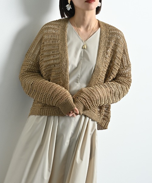 INTERPLANET（インタープラネット）の「ペーパーヤーン透かしボーダートッパー（カーディガン/ボレロ・レディース・ネイビー/ベージュ/グレー・FREE）」の4枚目の写真