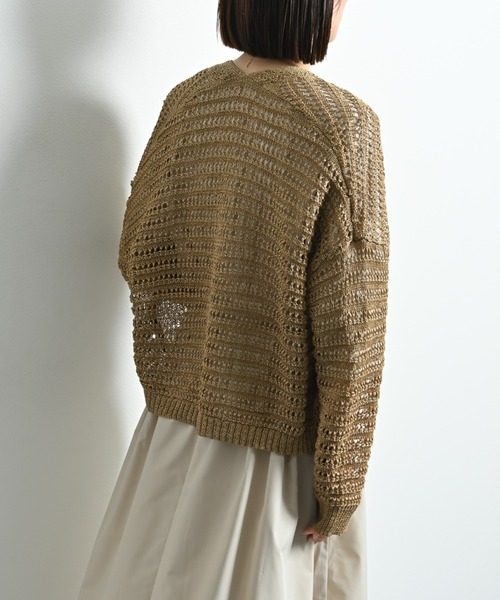 INTERPLANET（インタープラネット）の「ペーパーヤーン透かしボーダートッパー（カーディガン/ボレロ・レディース・ネイビー/ベージュ/グレー・FREE）」の6枚目の写真