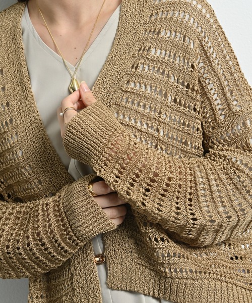 INTERPLANET（インタープラネット）の「ペーパーヤーン透かしボーダートッパー（カーディガン/ボレロ・レディース・ネイビー/ベージュ/グレー・FREE）」の8枚目の写真