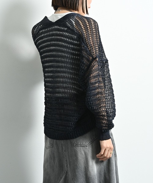 INTERPLANET（インタープラネット）の「ペーパーヤーン透かしボーダートッパー（カーディガン/ボレロ・レディース・ネイビー/ベージュ/グレー・FREE）」の19枚目の写真