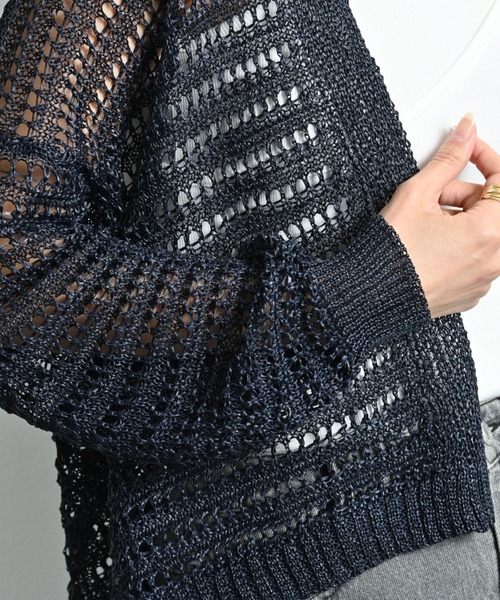 INTERPLANET（インタープラネット）の「ペーパーヤーン透かしボーダートッパー（カーディガン/ボレロ・レディース・ネイビー/ベージュ/グレー・FREE）」の21枚目の写真