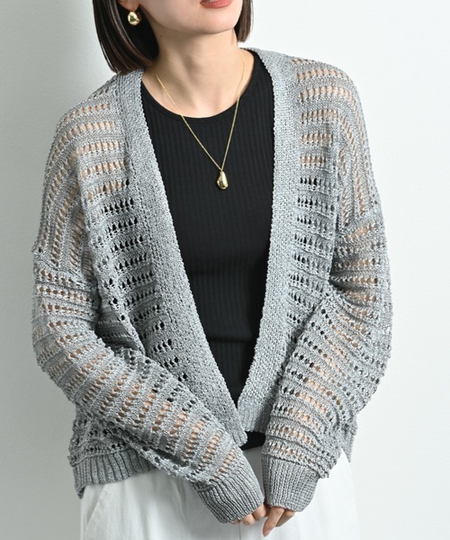 INTERPLANET（インタープラネット）の「ペーパーヤーン透かしボーダートッパー（カーディガン/ボレロ・レディース・ネイビー/ベージュ/グレー・FREE）」の22枚目の写真