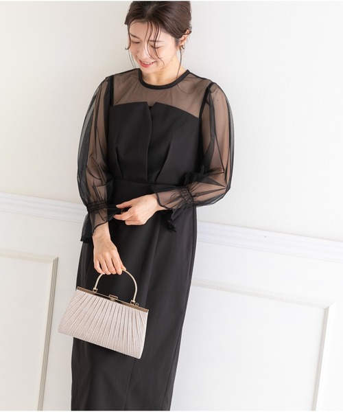 ボリュームスリーブ Aライン結婚式パーティードレス38（M） チャコールグレー ボリュームスリーブ チュールビスチェ 結婚式 パーティードレス