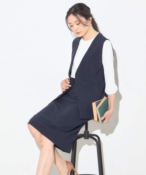 A/C DESIGN BY ALPHA CUBIC（エーシーデザインバイアルファキュービック）の「【セットアップ対応】ストレッチジレ（ノーカラージャケット・レディース・ベージュ/ネイビー・13号/9号/11号）」の6枚目の写真