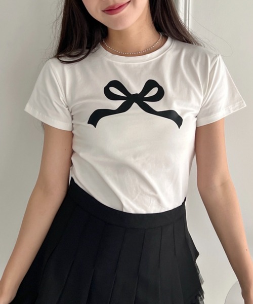 セール】リボンプリントミニTシャツ（Tシャツ/カットソー
