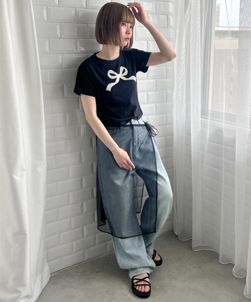 セール】リボンプリントミニTシャツ（Tシャツ/カットソー）｜Loueme