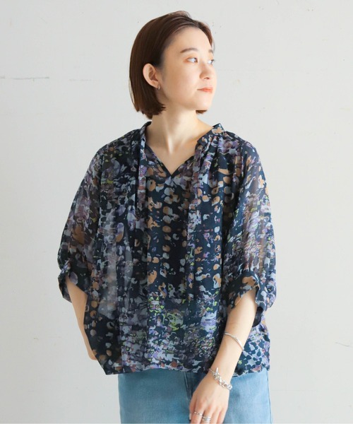セール】抽象柄シルクシフォン タイ付キブラウス2（シャツ