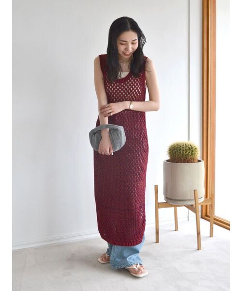 Ungrid(アングリッド)の「透かし編みニットワンピース(ワンピース・レディース・ボルドー/アイボリー・FREE)」の13枚目の写真