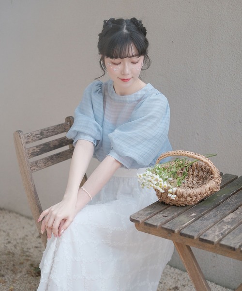 miolite（ミオライト）の「フリル ギャザー フレア スカート miolite（スカート・レディース・ホワイト/ブルー・M）」の19枚目の写真