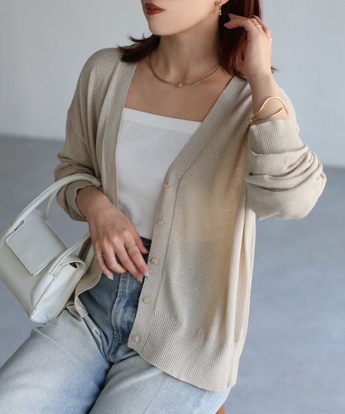 Riberry（リベリー）の「Vネックシアーカーディガン【ラメ/無地