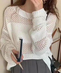 透かし編み メッシュ ショート丈長袖ニットプルオーバー