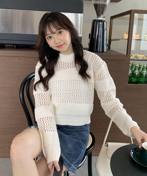 【e/rm】スカシアミアシメプルオーバー 透かし編み ブラック 長袖ニット ammy.（エイミードット）の「【 ammy. / エイミードット