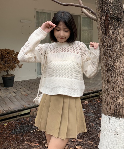 Teem Store（チームストア）の「透かし編み メッシュ ショート丈長袖ニットプルオーバー（ニット/セーター・レディース・ホワイト/ブラック/ベージュ・F）」の22枚目の写真