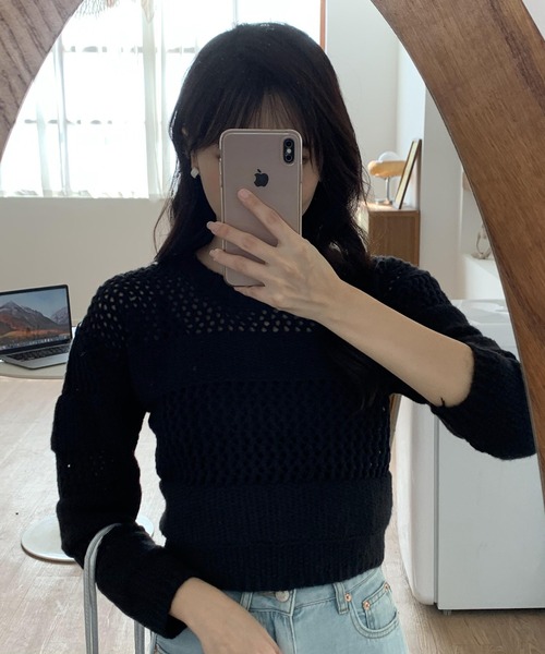 Teem Store（チームストア）の「透かし編み メッシュ ショート丈長袖ニットプルオーバー（ニット/セーター・レディース・ホワイト/ブラック/ベージュ・F）」の16枚目の写真