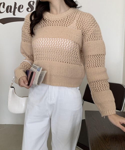 Teem Store（チームストア）の「透かし編み メッシュ ショート丈長袖ニットプルオーバー（ニット/セーター・レディース・ホワイト/ブラック/ベージュ・F）」の9枚目の写真