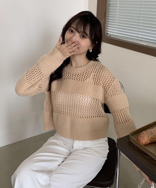 Teem Store（チームストア）の「透かし編み メッシュ ショート丈長袖ニットプルオーバー（ニット/セーター・レディース・ホワイト/ブラック/ベージュ・F）」の7枚目の写真