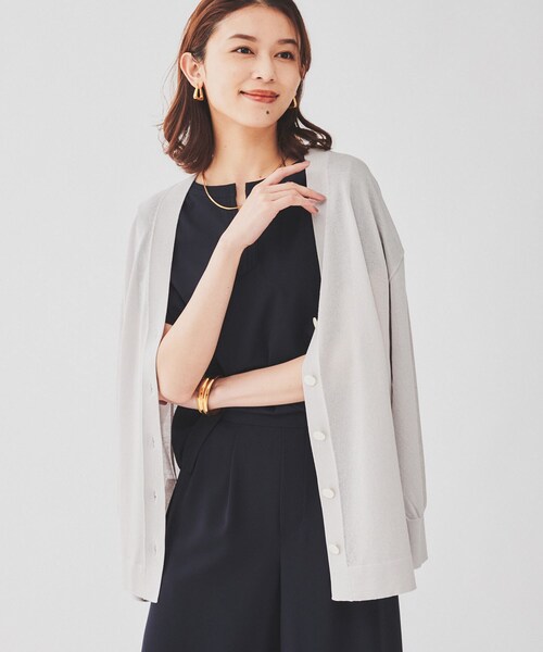新品 アンタイトル ロングカーディガン M グレー 薄手ワールド 日本製 ジレ UNTITLED｜【ゆったり/ロング丈】シアーVネックカーディガン