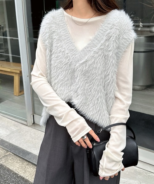 新品　レディース　CBセーターベスト　S ホワイト　テーラーメイド セール】【新色追加】起毛フェザーVネックニットベスト（ベスト