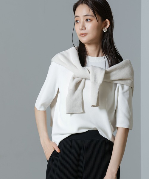 NANO universe（ナノユニバース）の「【追加生産】洗濯機可UVカット接触冷感半袖ニット（ニット/セーター・レディース・ブラック/ホワイト/ライム・FREE）」の2枚目の写真