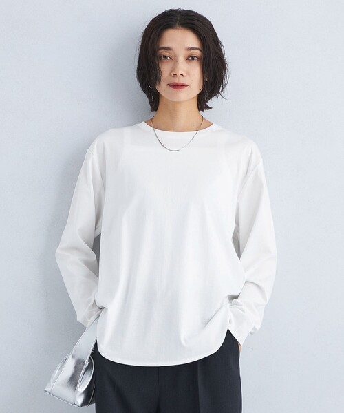 green label relaxing（グリーンレーベルリラクシング）の「ラウンドヘム スムース ロングスリーブ プルオーバー カットソー（Tシャツ/カットソー・レディース・その他1/モカ/オフホワイト/ブラック・FREE）」の8枚目の写真