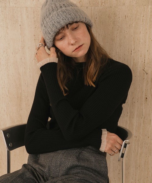 forksy.（フォルクシー）の「【forksy.】＜エブリデイシリーズ＞シアーフリルカフスリブニットプルオーバー（ニット/セーター・レディース・ブラック系/ブラック/アイボリー/グレー/ネイビー系/ミント/ネイビー/ブルー系/モカ/マスタード/ブラック系1/ブラウン/レッド/オフホワイト/ブルー/ブラック系2/レッド系・FREE）」の6枚目の写真