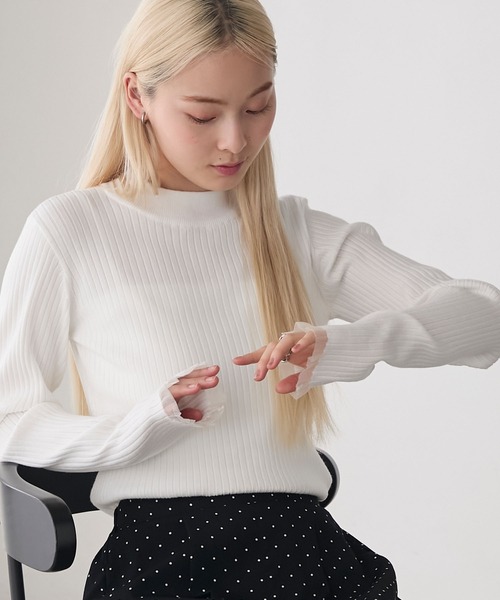 新品⭐︎ プリーツカフス長袖タートルリブニット forksy.】エブリデイシアーフリルカフスリブニットプルオーバー