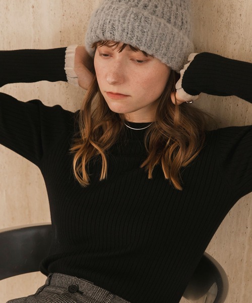 新品タグ付き シアーカフスリブニット+異素材フリルショルダージャンスカ セット forksy.】エブリデイシアーフリルカフスリブニットプルオーバー forksy