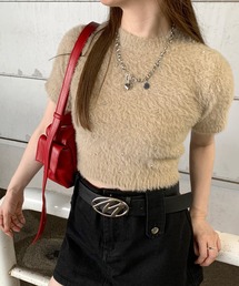 ビジュー付シャギークロップド丈半袖ニットトップス