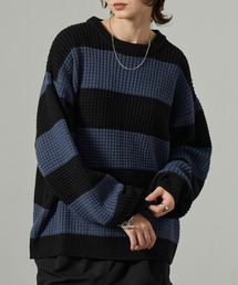 【Alfred Alex】ボーダーバルキーワッフル オーバーサイズニット