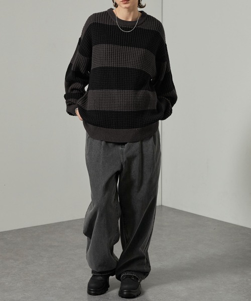 セール】【Alfred Alex】ボーダーバルキーワッフル オーバーサイズ
